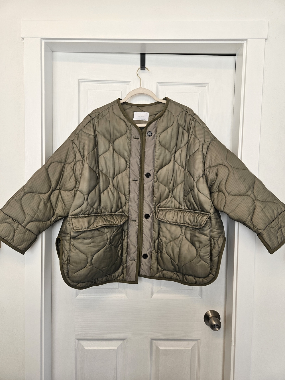 OAK + FORT Olive Green Quilted Collarless Jacket